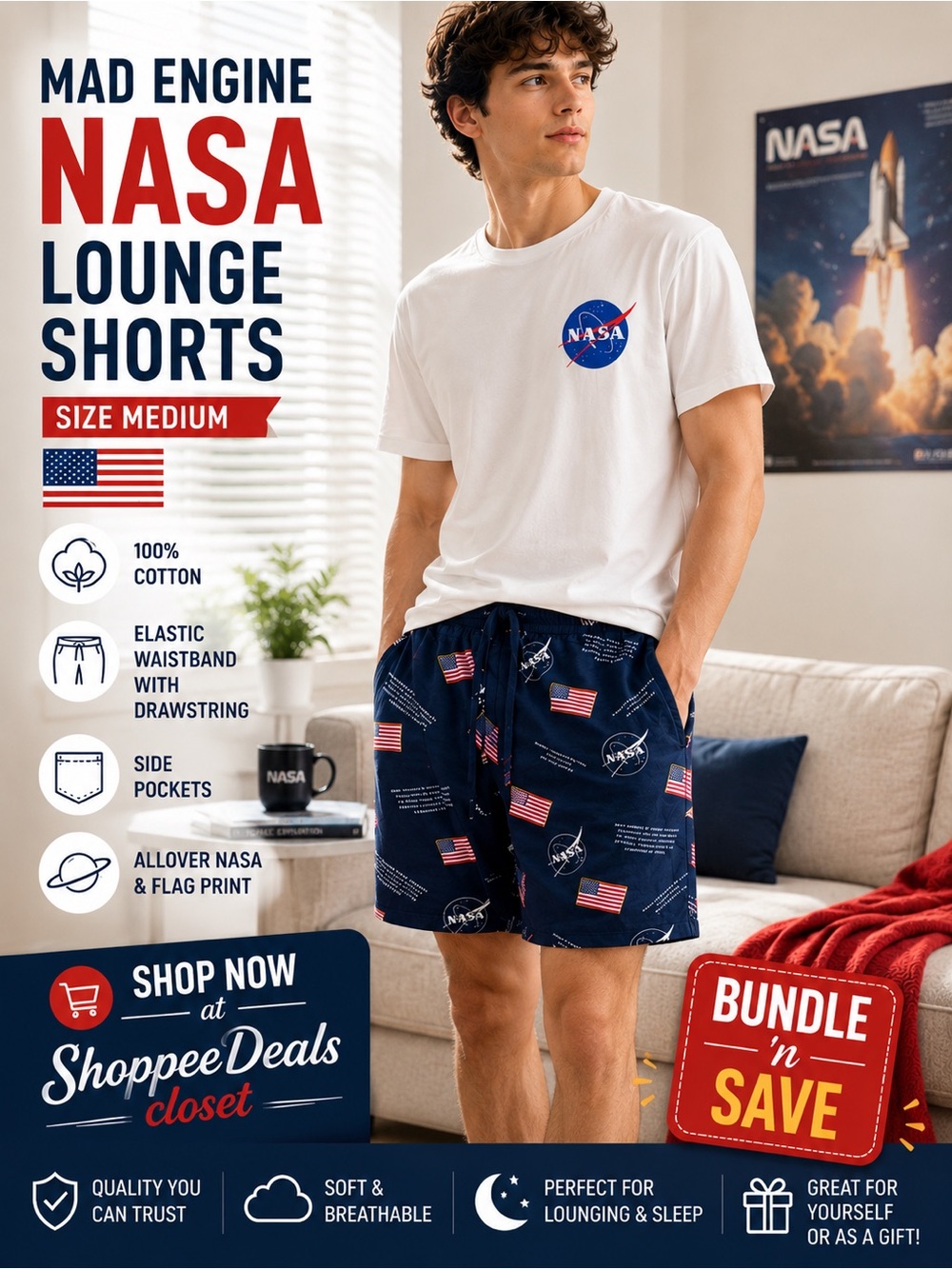 MAD Engine NASA American Flag Lounge Shorts Pajama Shorts Size Medium